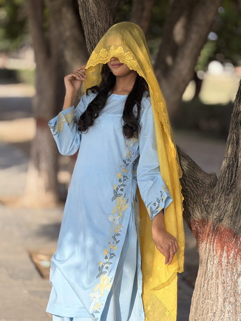 3-Piece Stiched Embroided Blue Summer Long Shirt, trouser & yellow dupatta Dress' 26