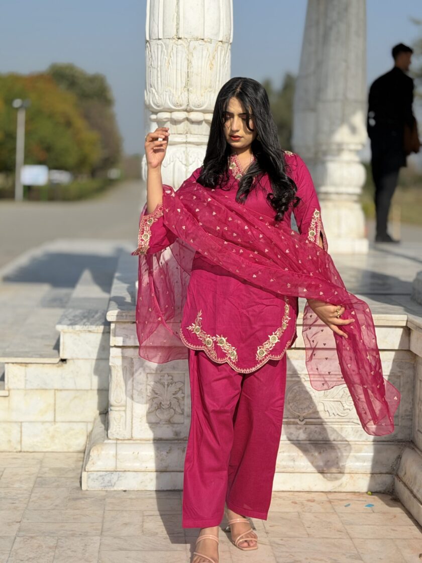 3-Piece Stiched Embroided Summer Pink short shirt, Farshi Shalwar & duppata Suit' 26