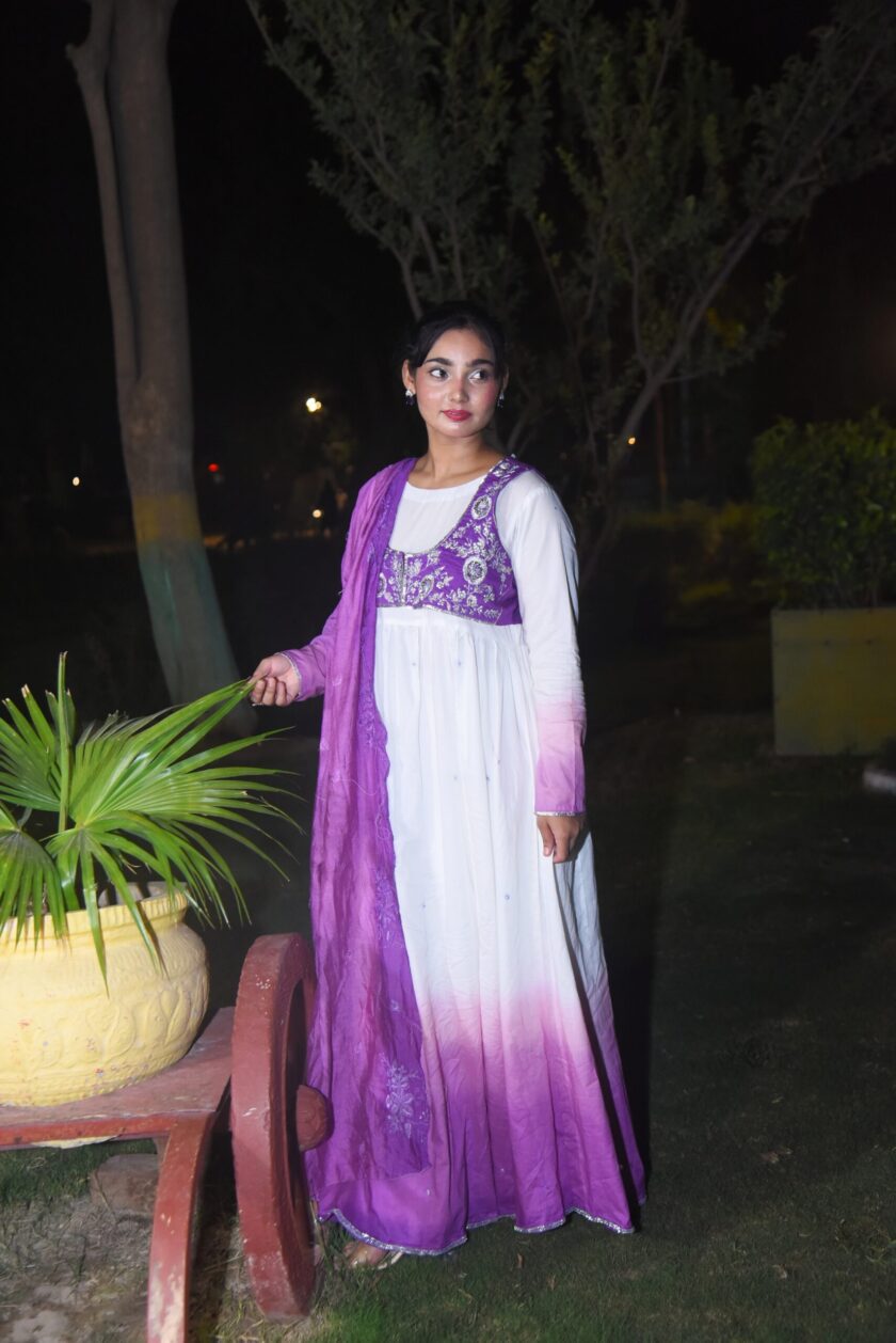 3-Piece Stiched Embroided Purple and white Summer long frock' 26