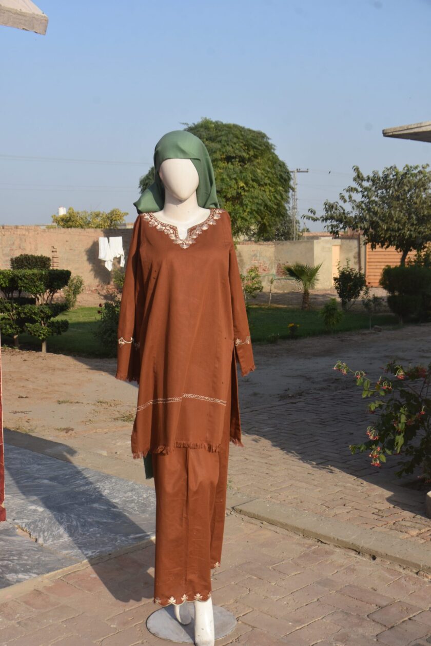 3-Piece Short, old-style khadar kurta with intricate embroidery in light brown thread