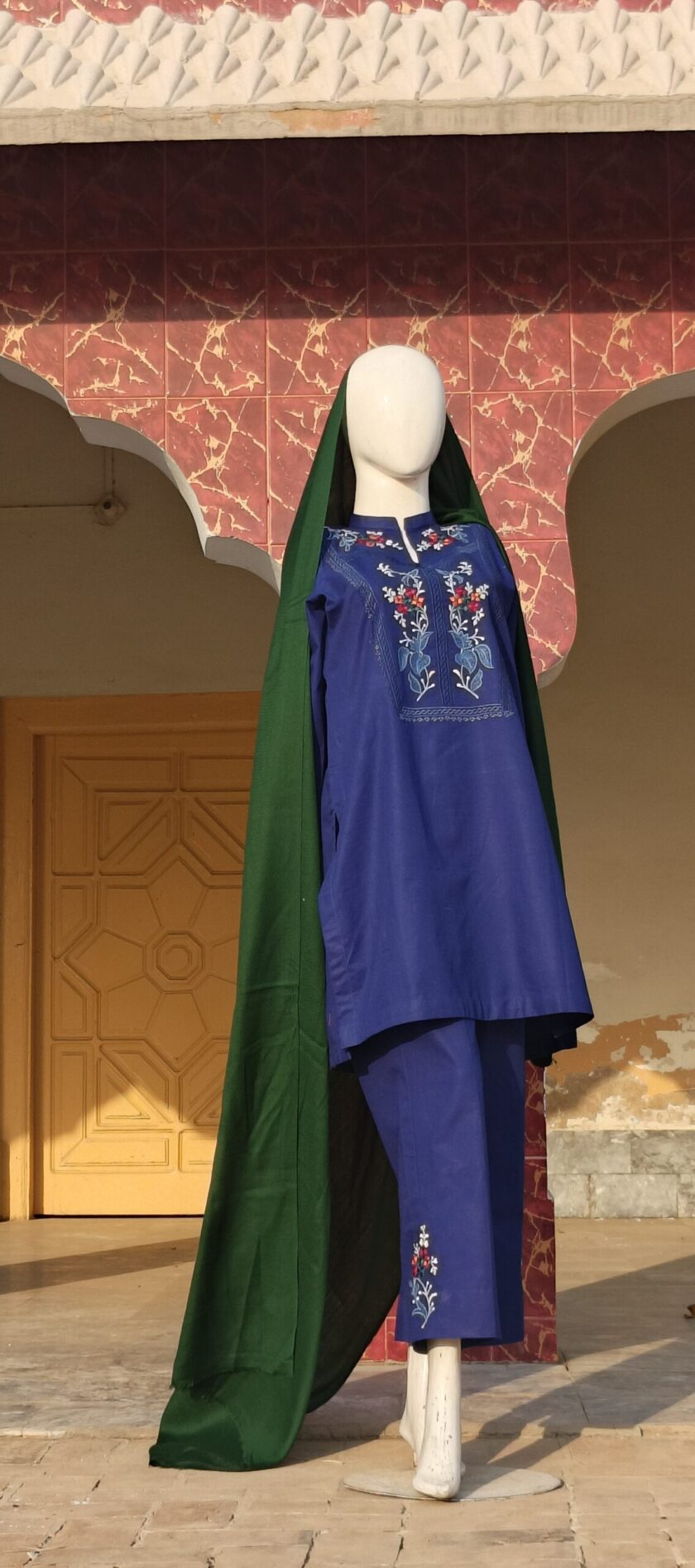 3-Piece Short, khadar kurta with detailed colourful embroidery