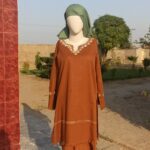3-Piece Short, old-style khadar kurta with intricate embroidery in light brown thread