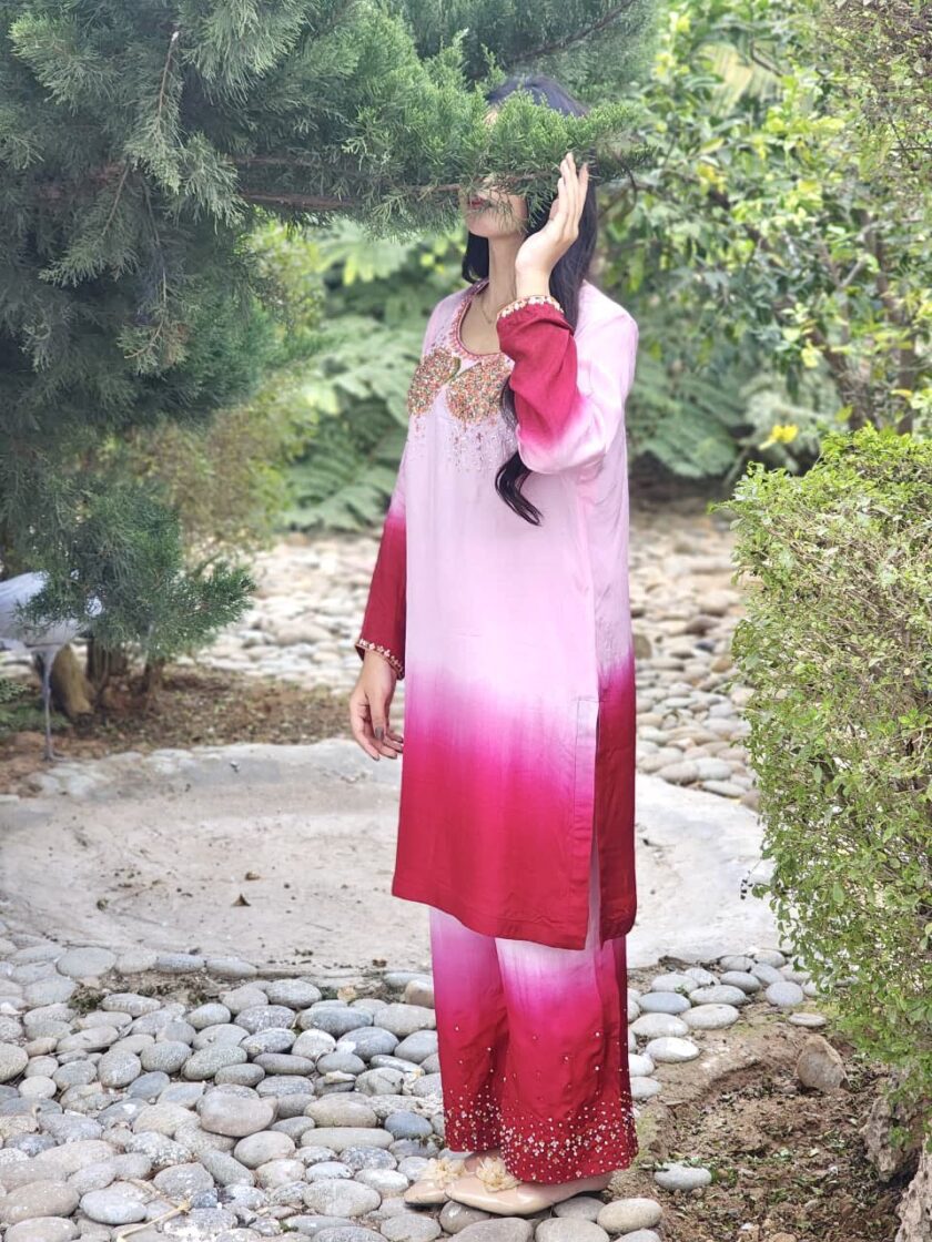 2-Piece Tie-dye silk shirt featuring intricate pearl-and-sequin hand embellishments on the neckline and sleeves