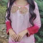 2-Piece Tie-dye silk shirt featuring intricate pearl-and-sequin hand embellishments on the neckline and sleeves