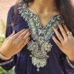 2-Piece Long velvet shirt featuring meticulous hand-worked silver motifs and delicate detailing along the neckline and sleeves