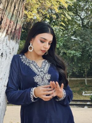 2-Piece Long velvet shirt featuring meticulous hand-worked silver motifs and delicate detailing along the neckline and sleeves